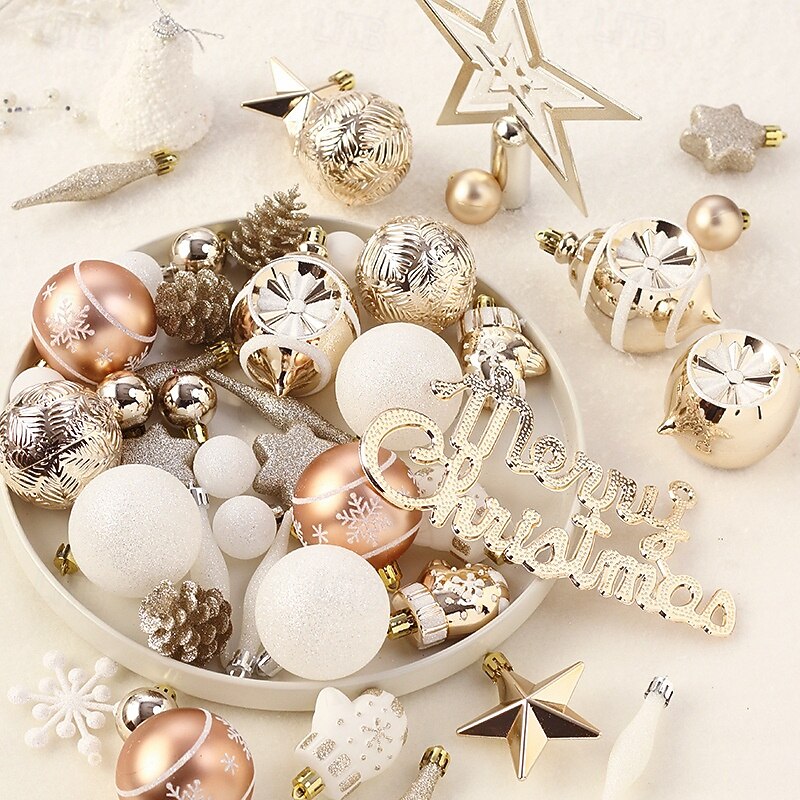 70 pcs Christmas Tree Balls Baubles Ornaments, Xmas Decoration, Painted Champagne Gold Balls with Tree Top Star Hanging Set, Festive Holiday Tree Decor2