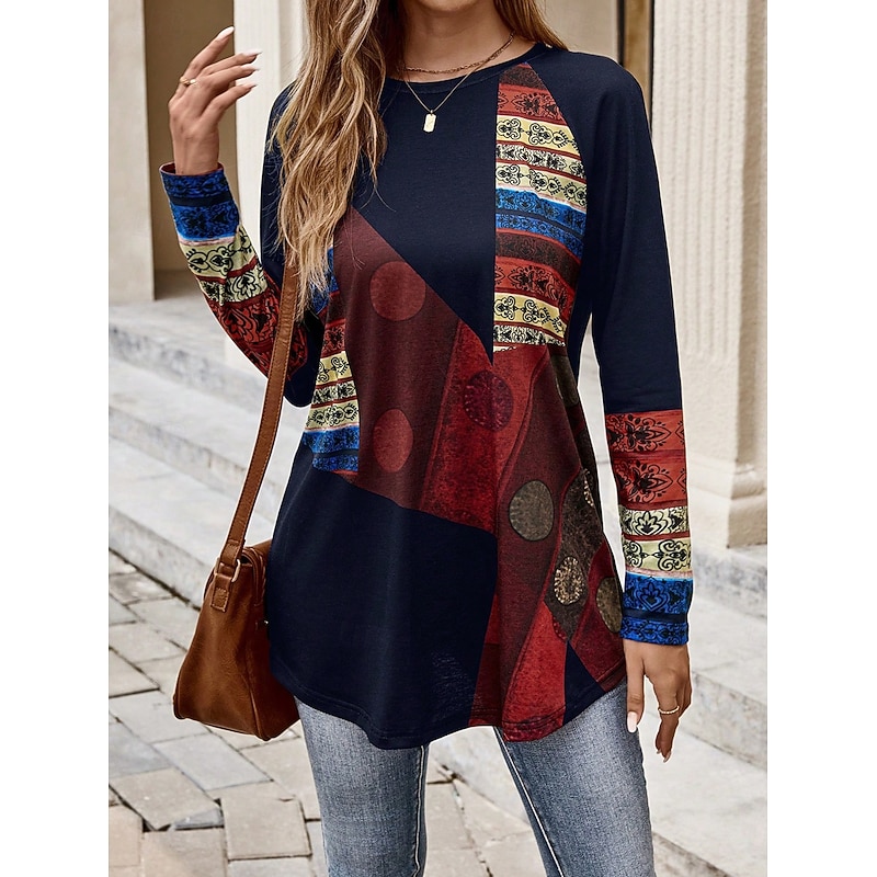 Women's T Shirt Graphic Geometric Vintage Stylish Classic Long Sleeve Crew Neck Round Neck Long Tops Daily Print Red Spring Fall