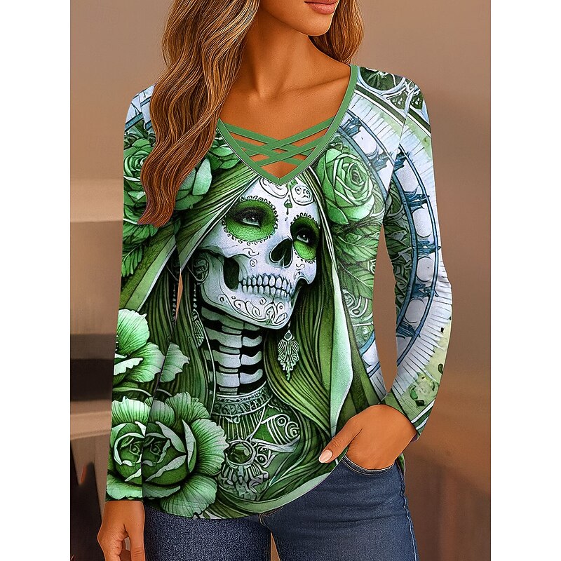 Halloween Women's T Shirt Skulls Graphic Vintage Stylish Classic Long Sleeve V Neck Regular Tops Daily Cut Out Print Pink Blue Purple Green Spring Fall3