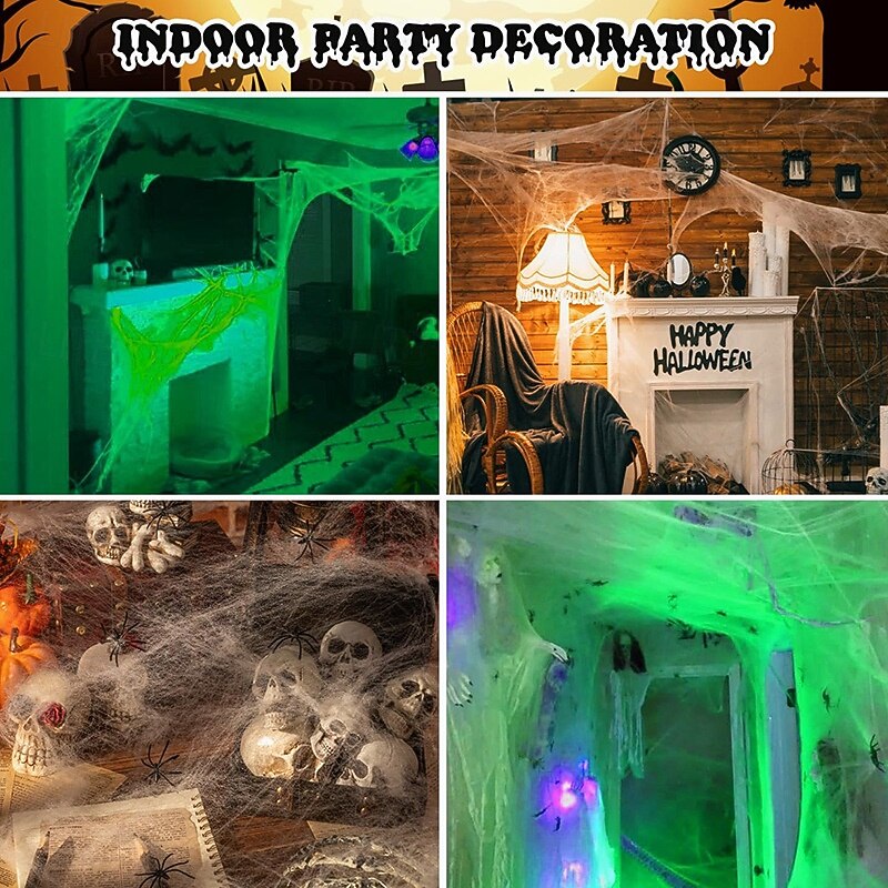 Halloween Glow in The Dark Spider Web Fake Cobwebs Stretch Green Spider Webs for Halloween Outdoor Indoor Home Decorations Creepy Party Decor3