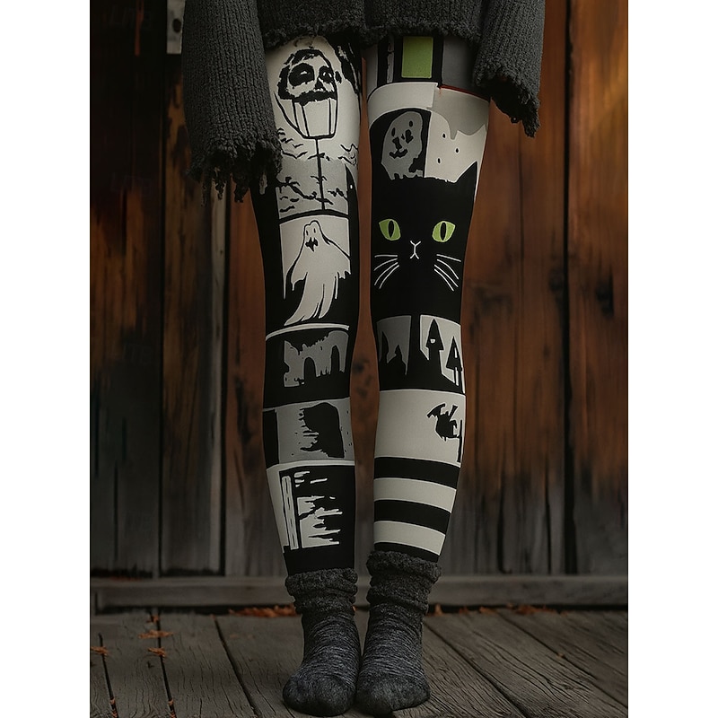 Women's Leggings Vacation Vintage Fashion Full Length High WaistPantsHalloween Graphic Cat Patchwork Printing Thermal Warm Soft Breathable High Elasticity Formal Outdoor Vacation Grey Black Amethyst3
