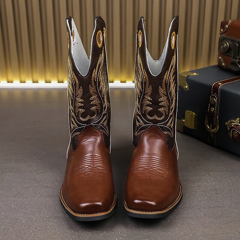 Men's Brown and Black Western Cowboy Boots – Embroidered Tall Riding Boots for Country Events, Rodeos and Music Festivals4
