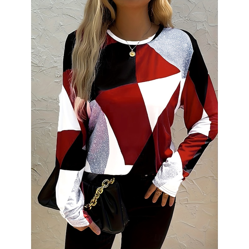 Women's T Shirt Graphic Geometric Color Block Vintage Stylish Classic Long Sleeve Crew Neck Round Neck Regular Tops Daily Print Red Summer Spring Fall