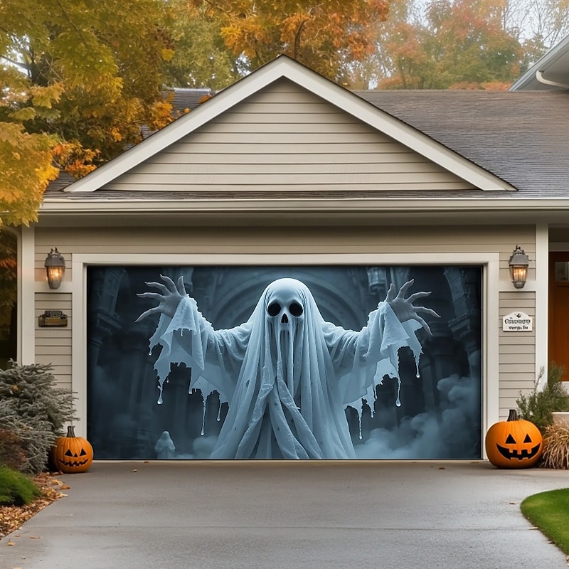 Halloween Garage Door Cover Large Hanging Backdrop Ghost 3D Dark Punk Gothic Style Party Outdoor Shooting Backgrounds Front Door Home Decor