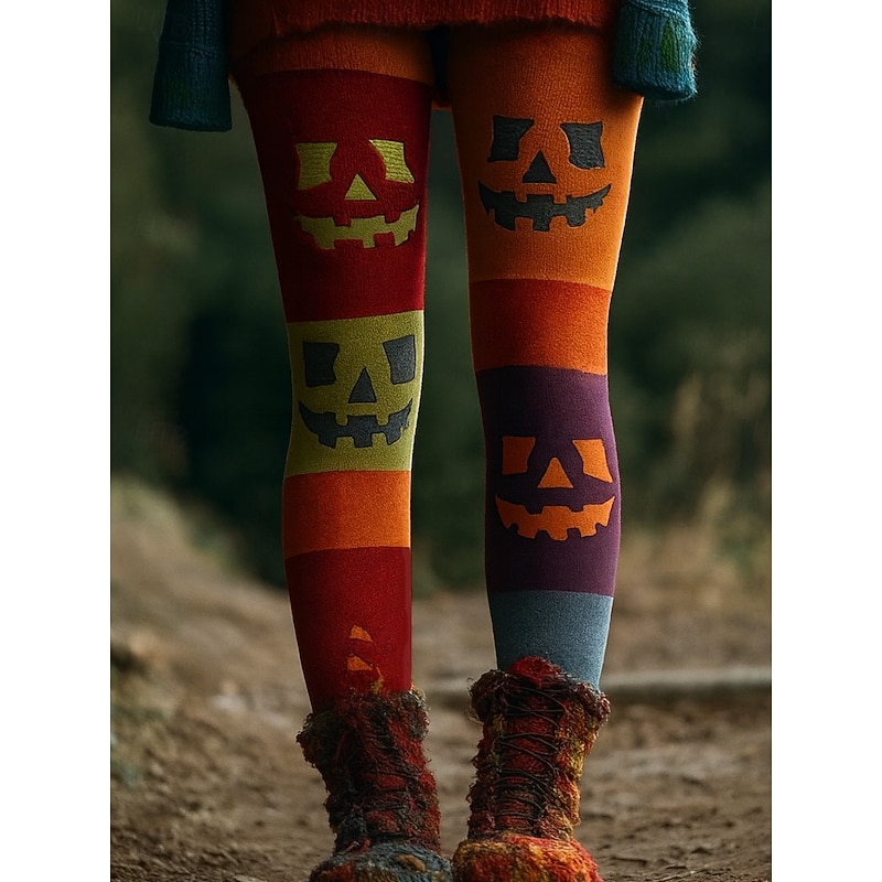 Women's Leggings Vacation Vintage Fashion Full Length High WaistPantsHalloween Graphic Halloween Monster Printing Soft Breathable Stretchy Vacation Street Causal Violet Orange ash-colored Spring Fall