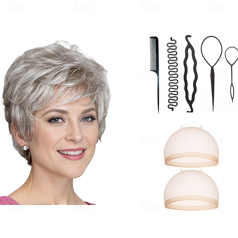 Classic Short Wig with Enviable Volume and Textured Layers / Multi-Tonal Shades of Blonde With 2PCS HD Wig Cap and Hairdressing Tool Set