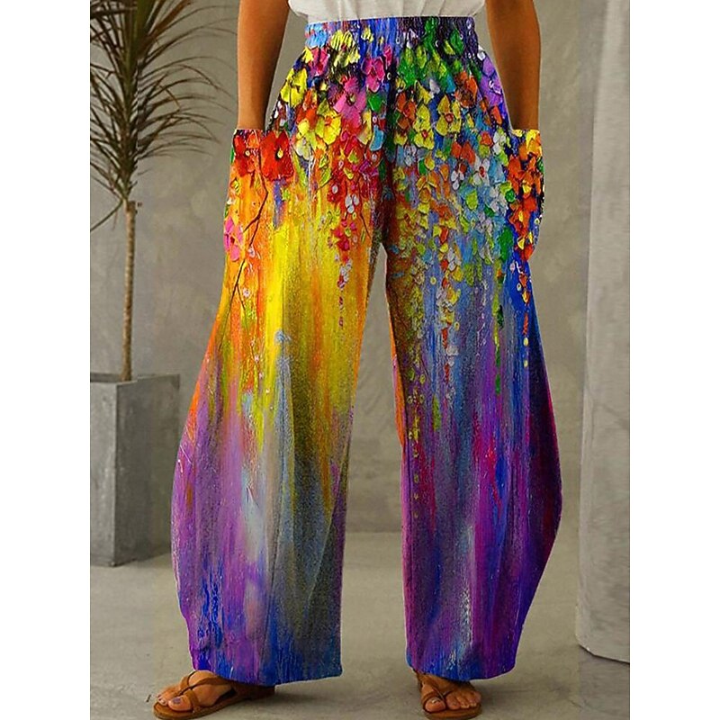 Women's Wide Leg Chinos Vintage Casual Full Length High Waist Floral Graphic Elastic Waistband Inelastic Causal Casual Daily Blue Green Rainbow Amethyst Summer Spring Loose Fit2