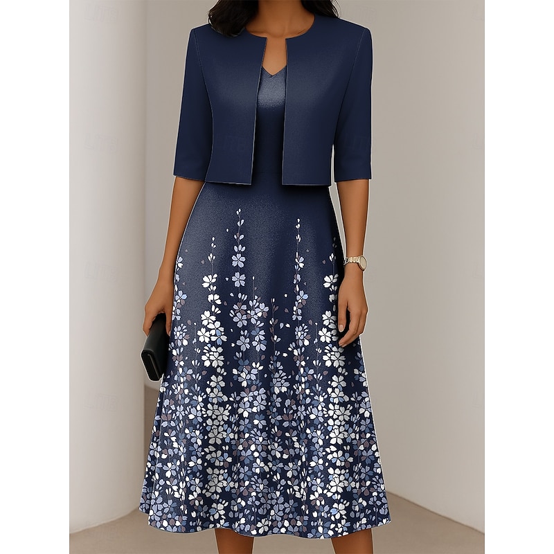 Women's Dress Set A Line Dress Elegant Casual Floral Graphic Print Midi Dress Half Sleeve Crew Neck Formal Vacation Blue Purple Dark Blue Summer Spring Regular Fit4