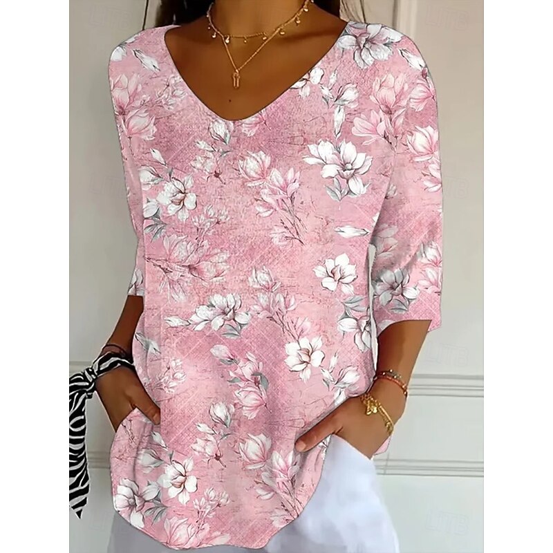 Women's Blouse Floral Graphic Leaf Vintage Tropical Stylish 3/4 Length Sleeve V Neck Regular Tops Daily Pink Purple Orange Brown Red and Pink Spring Fall Winter3