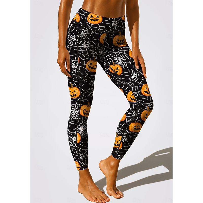 Women's pilates leggings fitness pants Gym Leggings Pockets Stamp Duty Side Pockets Pilates Gym Gym Workout Pants Tights Leggings Graphic Halloween Black / Orange Sports Activewear Stretchy Tight Fit