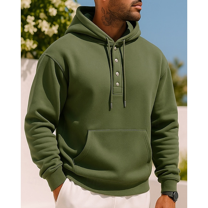 Men's Casual Sweatshirt Pullover Hoodie Buttons Long Sleeve Top Athleisure Solid Colored Fashion Warm Outdoor Travel Sports Sportswear Activewear Wine Red Black Blue3