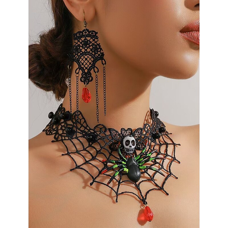 Women's Halloween Spider and Skull Necklace and Earring Set – Black Lace Web Design with Red Gem, Perfect for Halloween Parties and Costumes2
