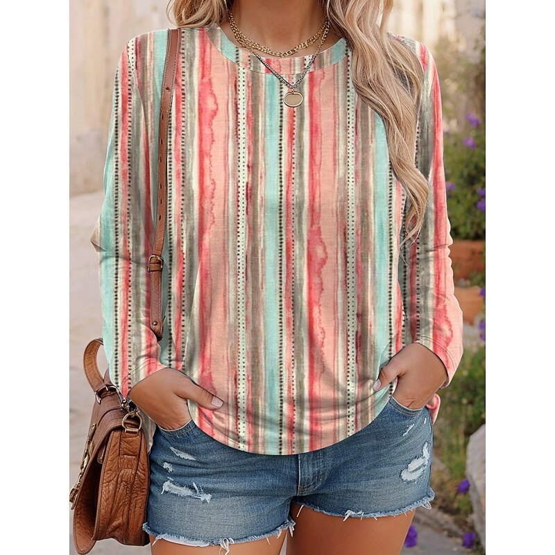 Women's Plus Size Tops T Shirt Geometry Print Long Sleeve Crew Neck Casual Daily Polyester Fall Winter Pink Red3