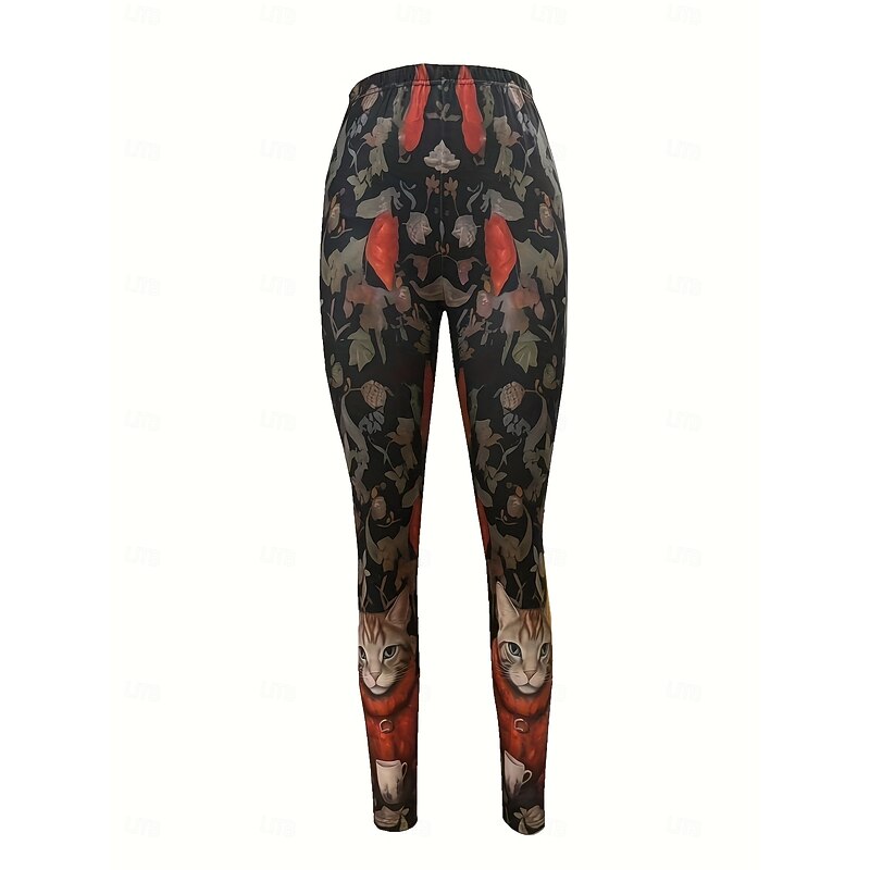 Women's Leggings Vacation Vintage Ethnic Style Full Length High Waist Graphic Animal Cat 3D Print Quick Dry Breathability Soft Stretchy Outdoor Home Causal Orange Fall Slim Fit2