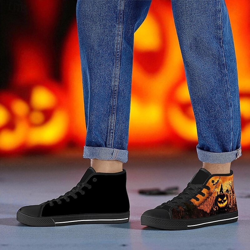 Men's Orange / Black High Top Sneakers with Halloween Pumpkin Print – Casual Festival Canvas Shoes for Party, Streetwear and Everyday Wear2