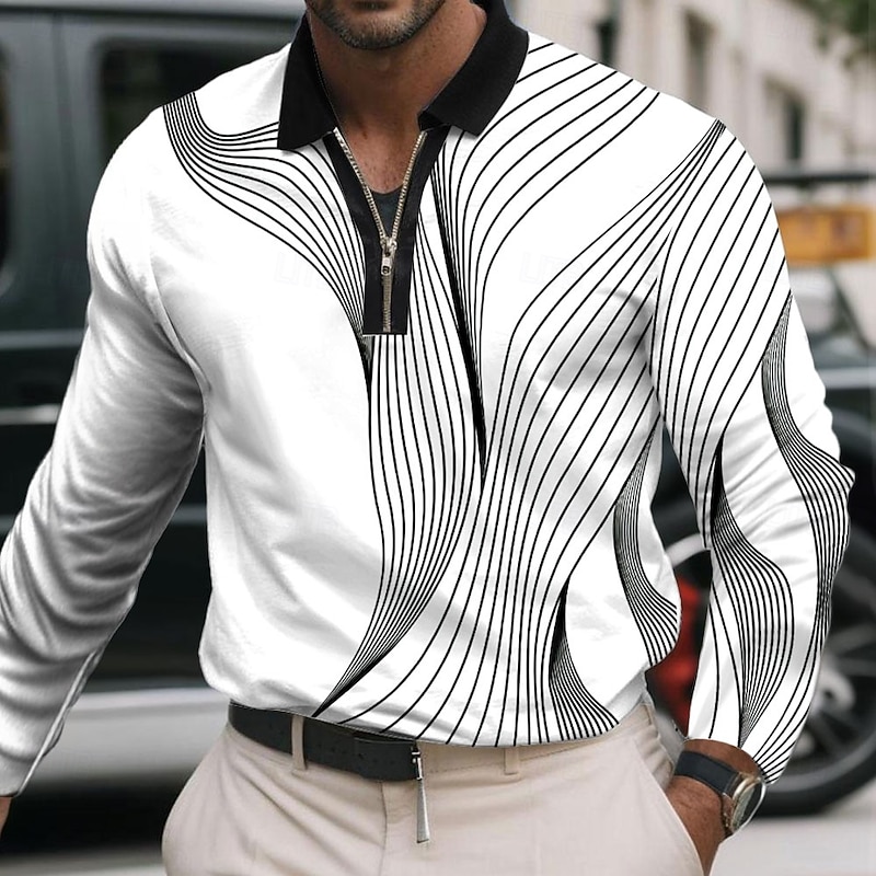 Men's Geometric Line Polo Long Sleeve Polo Shirts Lapel Business Casual Athleisure Daily Wear 3D Print Quarter Zip Polo Spring Fall Winter Black White Blue