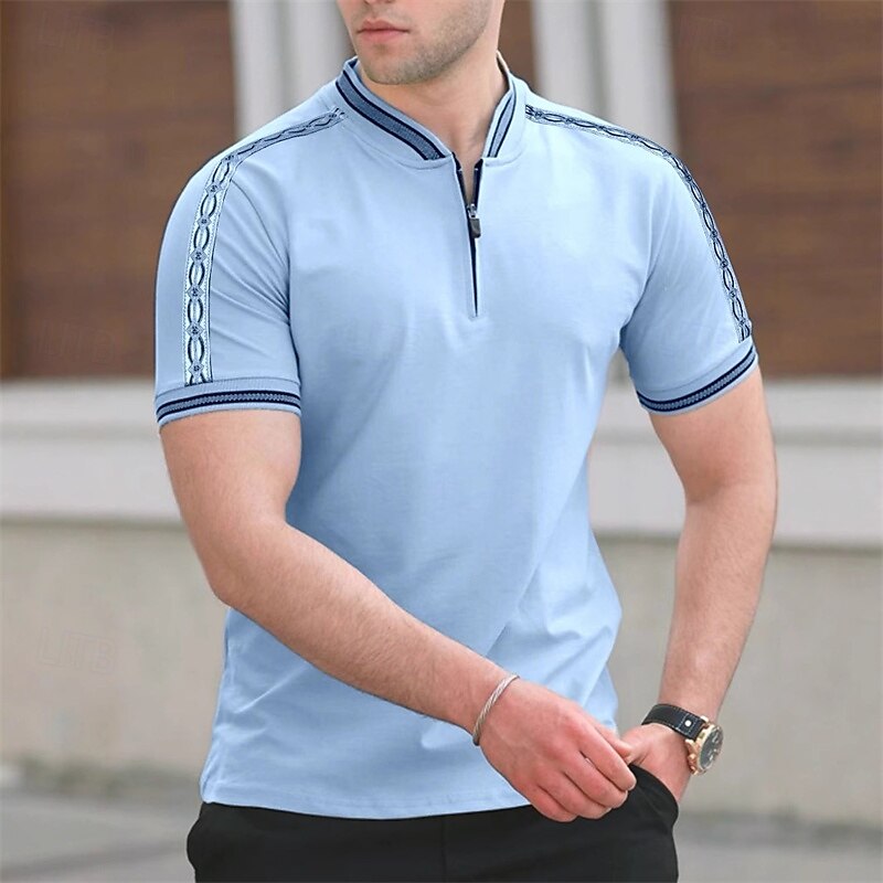 Men's Polo Shirts Quarter Zip Polo Daily Wear Date Quarter Zip Short Sleeve Fashion Basic Patchwork Zipper Summer Regular Fit Pink Sky Blue Beige Polo Shirts