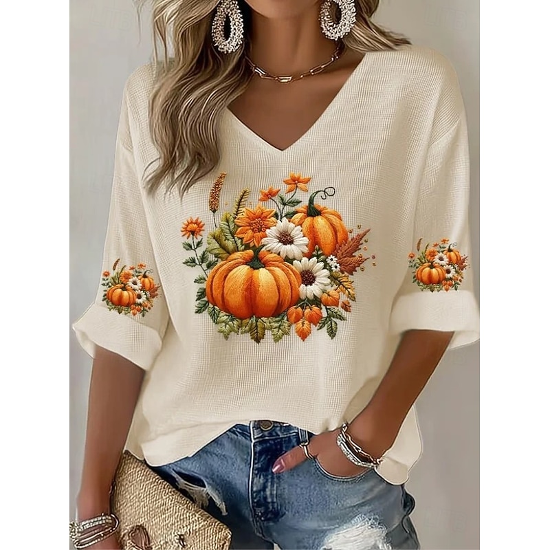 Halloween Women's Boho T-shirt Graphic Elegant Vintage Fashion Half Sleeve V Neck Regular Tops Daily Going out Weekend Black Blue Orange Green Beige Summer Spring Fall2