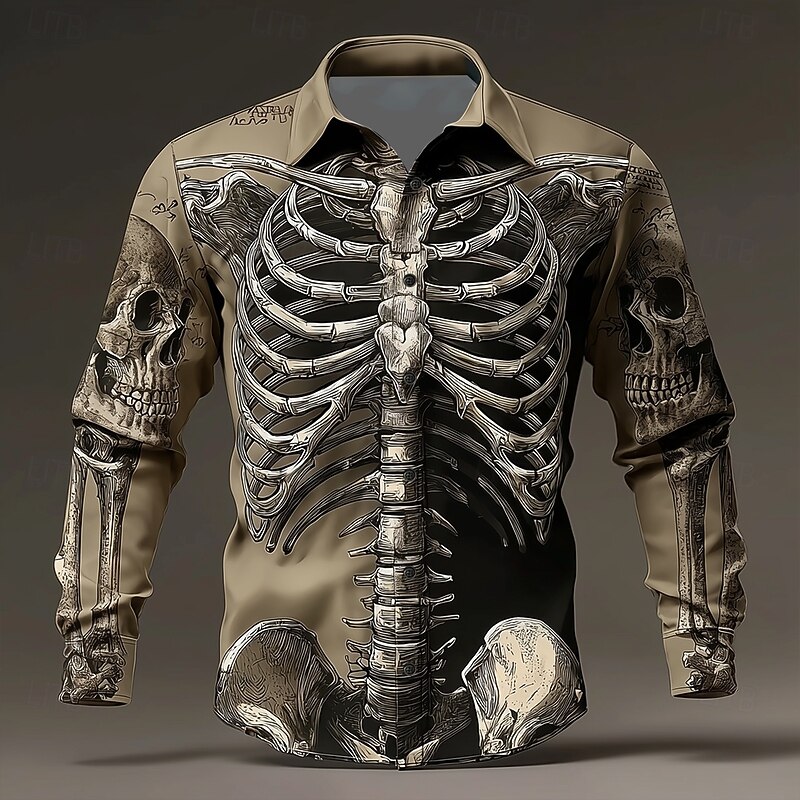 Halloween Men's Optical Illusion Skeleton Shirt Button Up Shirt Long Sleeve Dark Punk Gothic Style Outdoor Holiday Summer Spring Turndown 3D Print Collared Shirts Black Brown2
