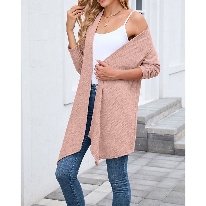 Women's Cardigan Casual Solid Color Ribbed V Neck Knitted Asymmetric Hem Long Sleeve Long Tops Knit Holiday Going out Weekend Black Pink Fall3