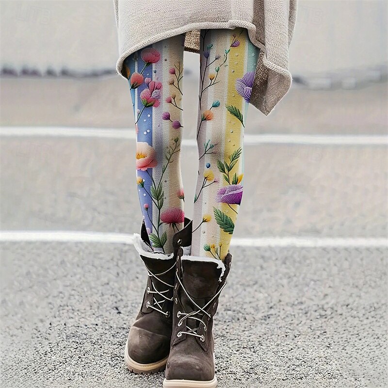 Women's Pants Trousers Leggings Cozy Leggings Streetwear Casual Full Length High Waist Floral Elastic Waist Print Breathability Comfortable Stretchy Vacation Street Daily Wear Yellow Blue Purple2