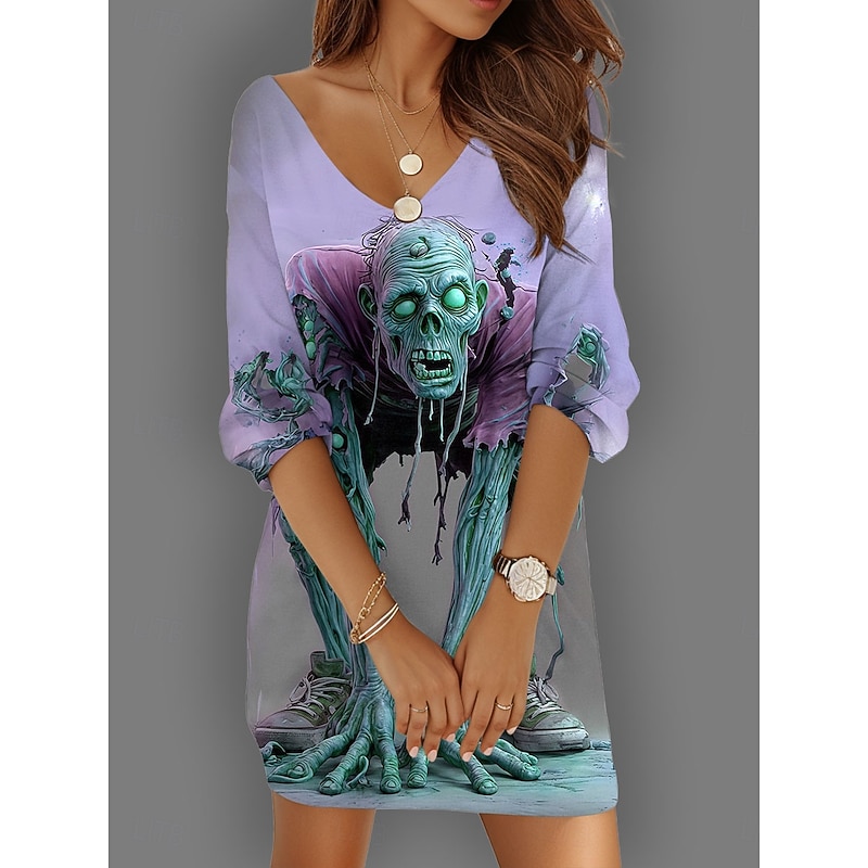 Halloween Women's Skulls Print Mini Dress Shift Dress Vacation Casual Daily Holiday Cocktail Party Loose Fit Graphic Skull Long Sleeve V Neck Yellow Blue Purple Green Summer Spring Fall Autumn4