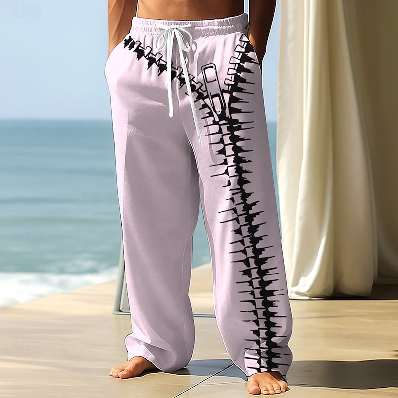 Men's Optical Illusion Zipper Trousers Baggy Pants Casual Pants Mid Waist Fashion Outdoor Vacation Streetwear Elastic Drawstring Waist Linen-Like Pants with Pockets Spring Fall 3D Print Black White4