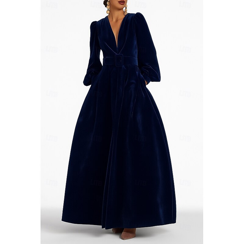 Red Black Blue Velvet A-Line Evening Gown Elegant Dress Formal Fall Wedding Floor Length Long Sleeve V Neck Pocket with Slit Pocket 20254