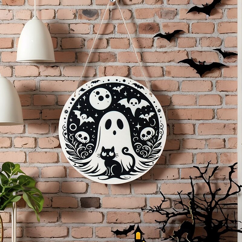 Halloween Round Wooden Door Sign – Black & White Ghost, Bat, Skull Decorative Hanging Plaque, Perfect for Indoor Walls, Doorways, Windows, and Day of the Dead Decor