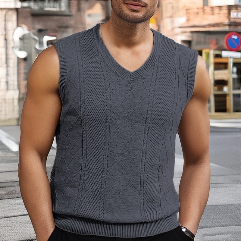 Men's Sweater Vest Dress Sweater Pullover Sweater Jumper Vest Knit Sweater Ribbed Knit Regular Tops Knitted Plain V Neck Fashion Casual Vacation Daily Wear Clothing Apparel Spring Fall Camel Navy Blue3