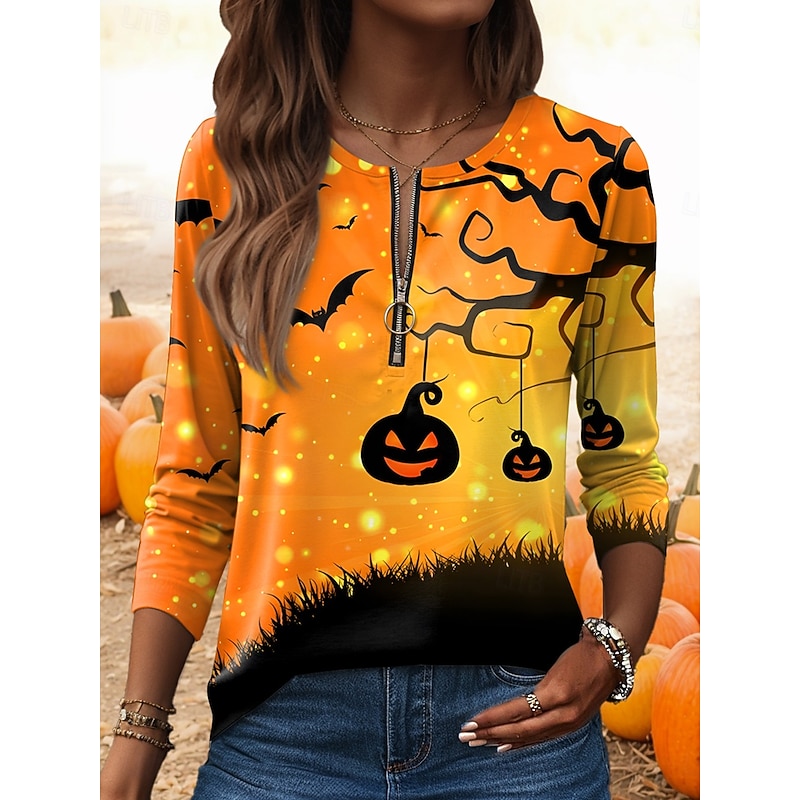 Halloween Women's T shirt Pumpkin Graphic Vintage Stylish Casual Long Sleeve Round Neck Regular Tops Daily Weekend Zipper Print Black Yellow Orange Spring Fall Winter2