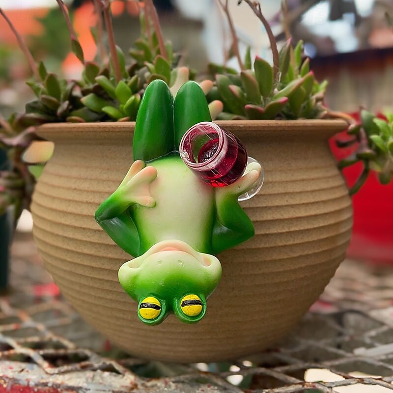 Resin Hanging Frog Figurine Funny Drinking Frog Drinking Beer Bottles Statue Flower Pot Hugger Decoration for Home Garden Fence Patio Yard Decor3