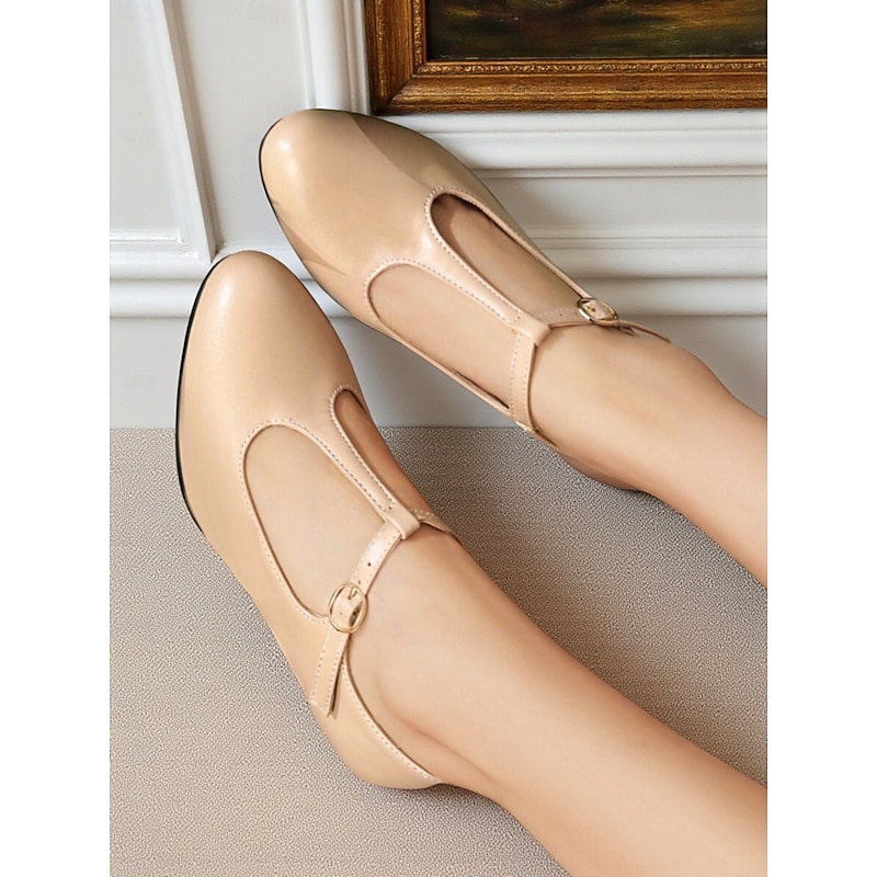 Women's Beige T-Strap Kitten Heel Pumps - 1950s Vintage Round Toe Dress Shoes for Autumn Winter Commute,Office Outfits and Elegant Vintage Tea Parties4