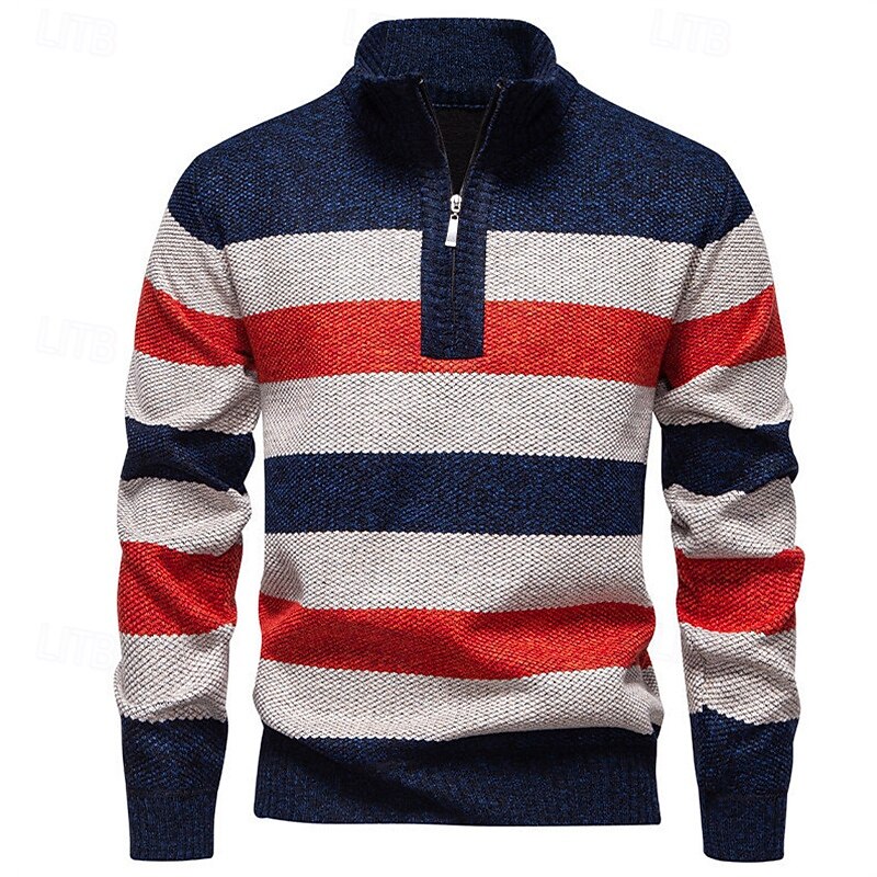 Men's Pullover Sweater Jumper Knit Sweater Ribbed Knit Regular Tops Knitted Stripe Quarter Zip Fashion Basic Vacation Daily Wear Clothing Apparel Fall Winter Navy Blue Green S M L2