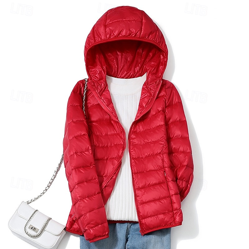 Women's Down Jacket Warm Comfortable Zipper Pocket Casual Plain Holiday Daily Wear Going out Casual Daily Zipper Regular Hooded Regular Fit Long Sleeve Outerwear Pink Red Khaki Fall Winter