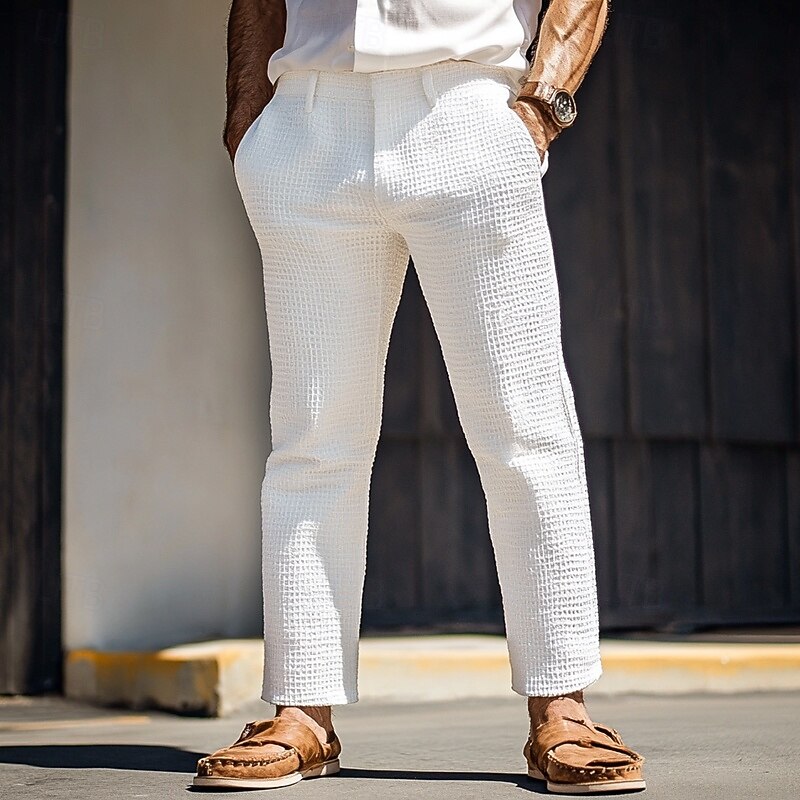 Men's Dress Pants Trousers Suit Pants Waffle Pants Pocket Plain Comfort Breathable Full Length Party Business Daily Fashion Streetwear White