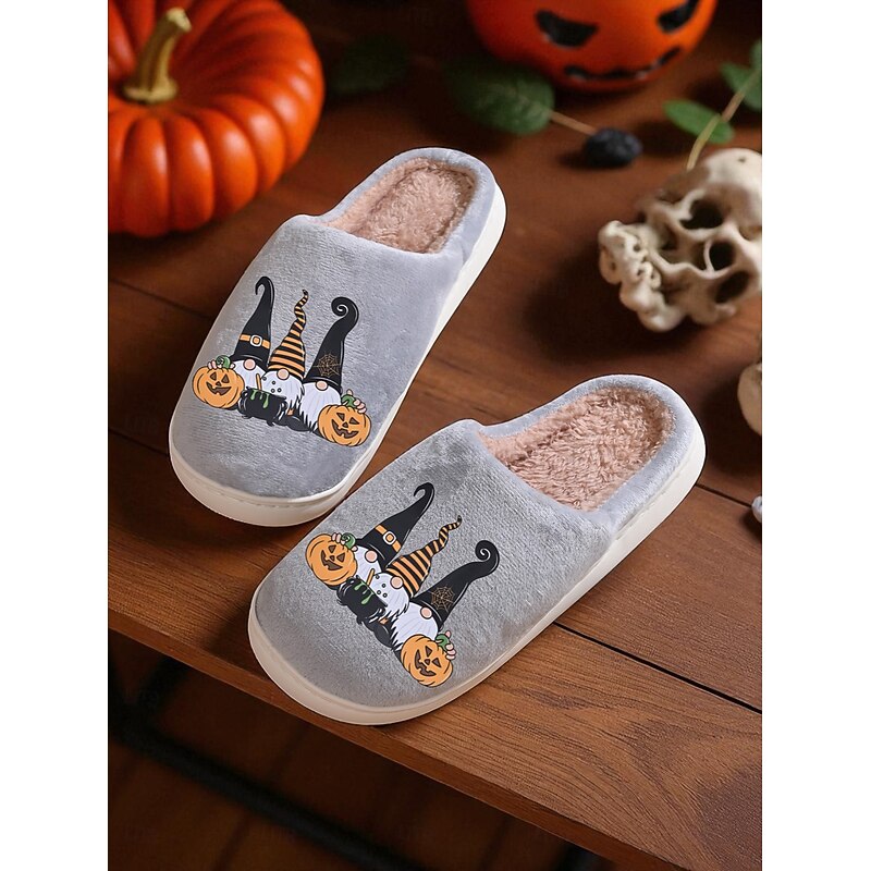 Women's Halloween Gnome Slippers with Plush Lining - Cozy Indoor House Shoes with Pumpkin and Witch Hat Print for Fall, Couples and Holiday Gifts2
