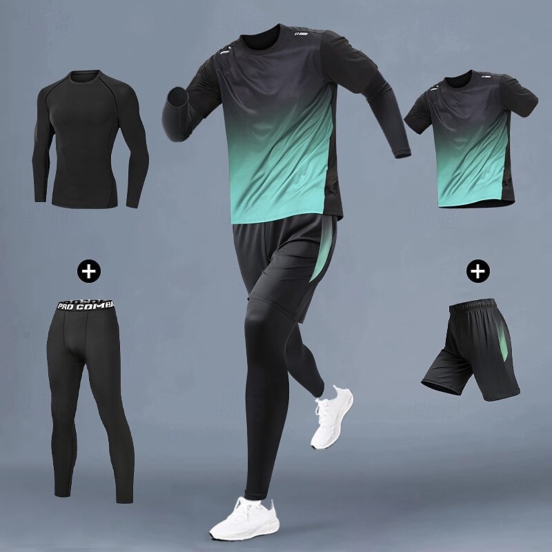 Men's Workout Suits 4 Piece Sports Set Color Gradient Clothing Suit Summer Red Blue Basketball Running Yoga High Waist Quick Dry Long Sleeve Sport Activewear Micro-elastic Regular Fit2