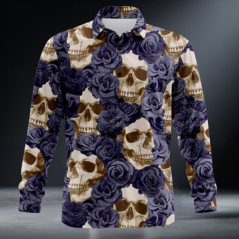 Men's Halloween Costumes Day of the Dead Shirt Button Up Shirt Long Sleeve Dark Punk Gothic Style Outdoor Holiday Summer Spring Turndown 3D Print Collared Shirts Orange red Purple Orange3
