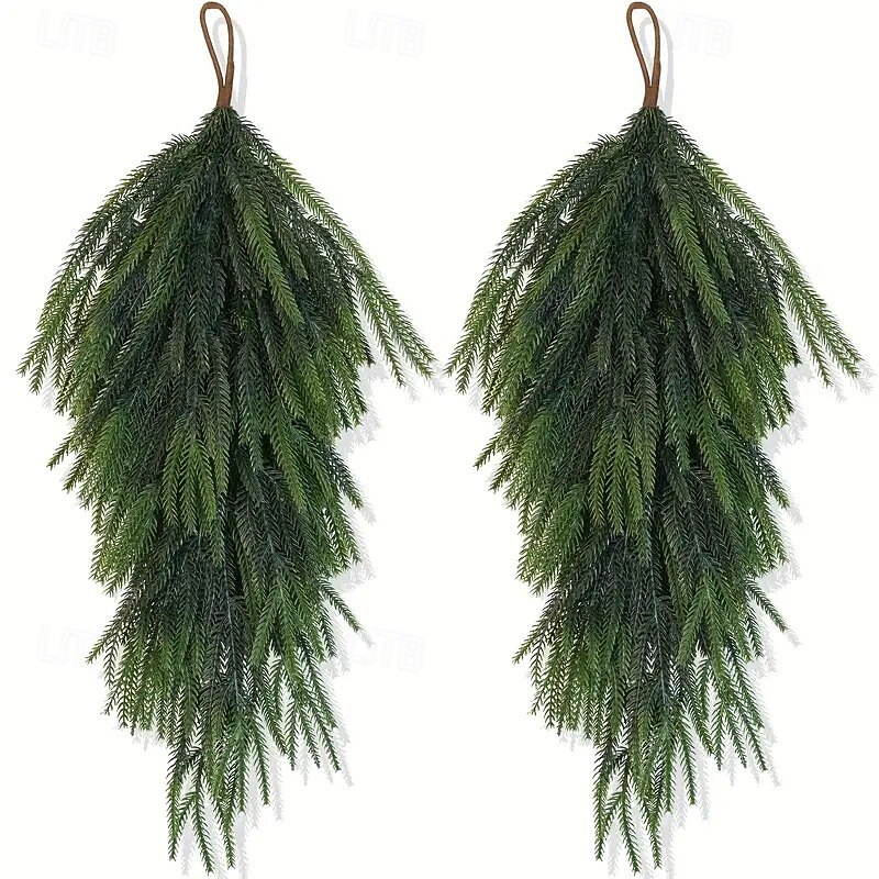 2pcs Christmas Artificial Pine Swags – 26.4-Inch (67cm) Extra Long Realistic Norfolk Green Teardrop Garland for Indoor & Outdoor Holiday Decor – Perfect for Doors, Tables, Fireplaces, and Thanksgiving