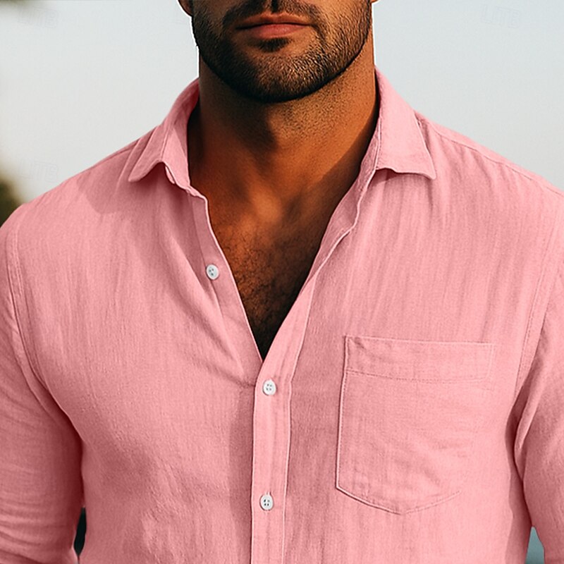 Men's Shirt Linen Shirt Plain Vacation Casual Pink Navy Blue Green Gray Long Sleeve Turndown Summer Spring Clothing Apparel Pocket2