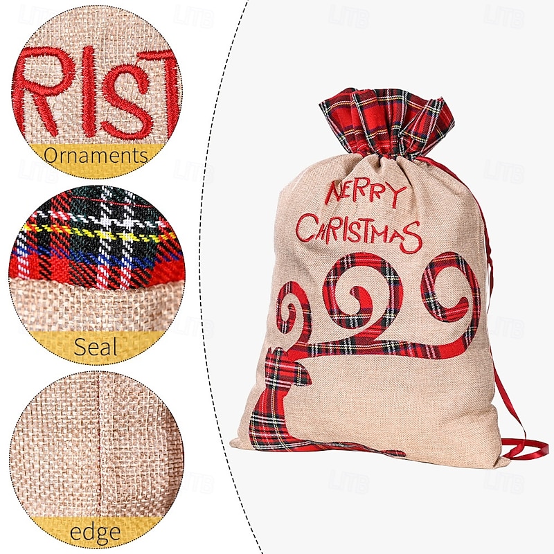 Christmas Gift Bag, Plaid Applique Large Fabric Holiday Treat Bag, Kids Festival Candy Bag, Christmas Party Favor Storage, Holiday Gift Packaging4