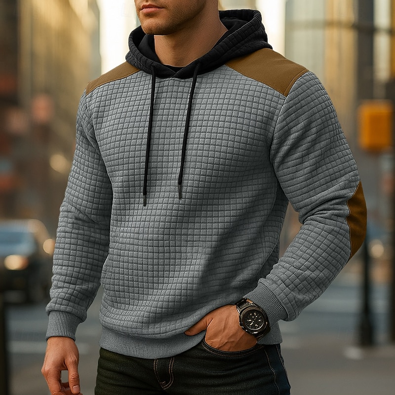 Men's Hoodie Waffle Hoodies Pullover Hoodie Sweatshirt Apricot Black Army Green Light Grey Hooded Plain Patchwork Color Block Sports & Outdoor Casual Daily Streetwear Cool Sportswear Spring &  Fall3