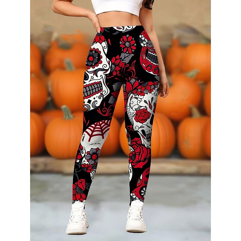 Women's Leggings Vintage Fashion Casual Full Length High WaistPantsHalloween Graphic Skull Halloween Printing Thermal Warm Soft Breathable High Elasticity Outdoor Daily White Red Blue Purple Spring