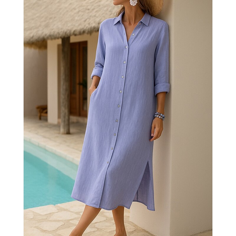 Women's Midi Dress Shirt Dress Casual Dress Classic Modern Outdoor Vacation Holiday Regular Fit Plain Long Sleeve Shirt Collar Yellow Purple Lilac Light Grey Fall2