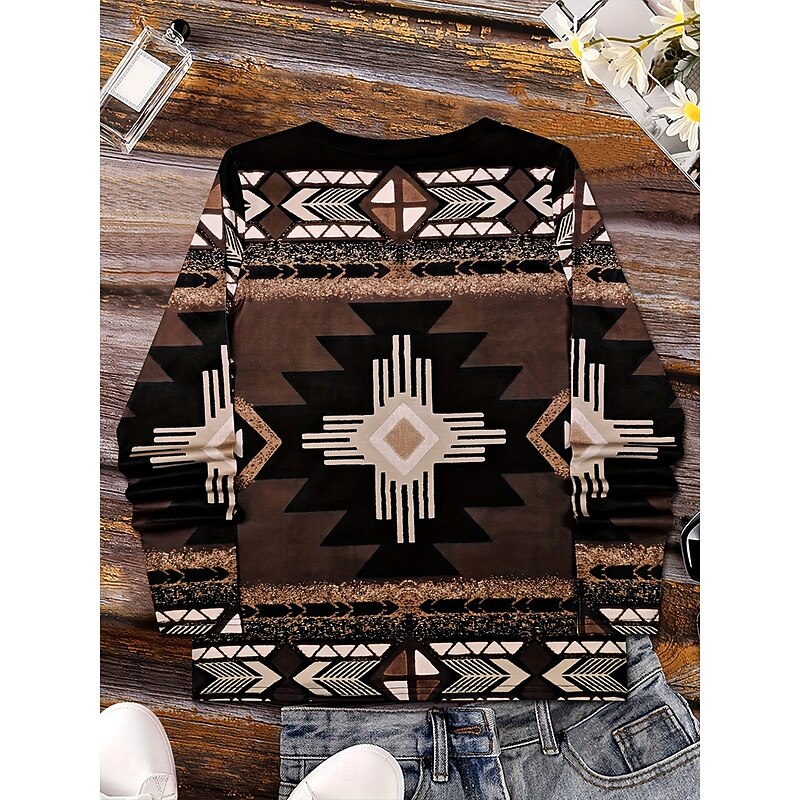 Women's T Shirt Graphic Tribal Feather Vintage Stylish Classic Long Sleeve V Neck Regular Tops Daily Print Brown Spring Fall Winter3