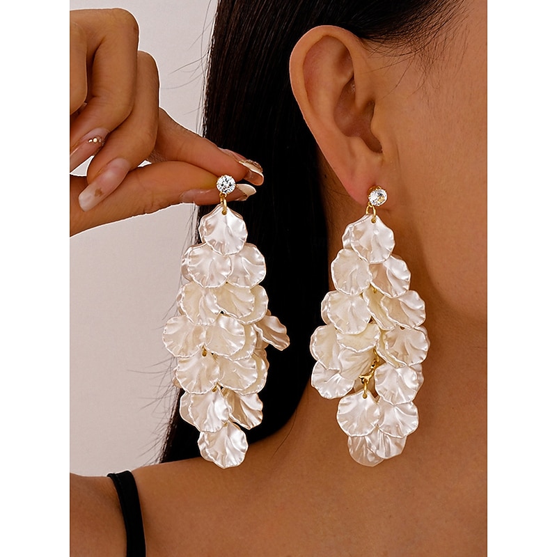 Women's Satin Petal Drop Earrings - Elegant Layered Floral Statement Earrings with Crystal Stud for Party, Wedding and Evening Outfits