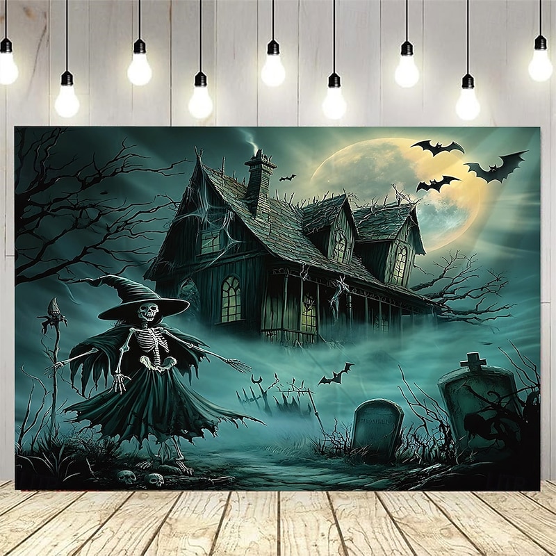 Halloween Backdrop Tapestry with Haunted House and Ghosts – Spooky Wall Hanging Decoration for Parties, Living Room, Bedroom, Office, 2025 Halloween 100% Polyester Wall Art2