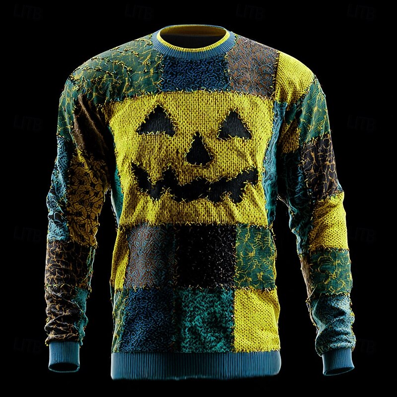 Halloween Men's Color Block Pullover Sweater Jumper Knitwear Crewneck Casual Vacation Daily Festival Patchwork 3D Print Keep Warm Long Sleeve Spring Fall Winter Yellow Orange2