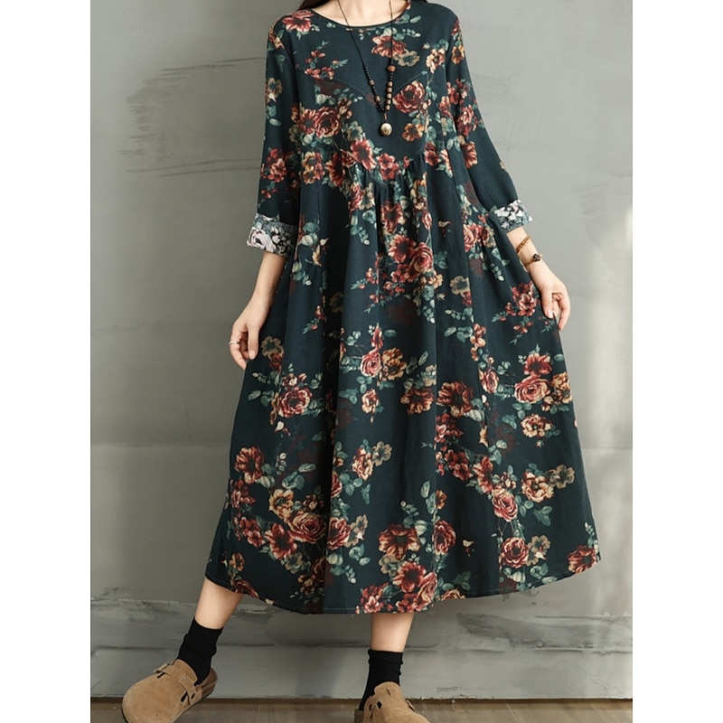 Women's Maxi Dress A Line Dress Casual Daily Regular Fit Floral Long Sleeve Crew Neck Navy Red Dark Green Brown Summer Fall4
